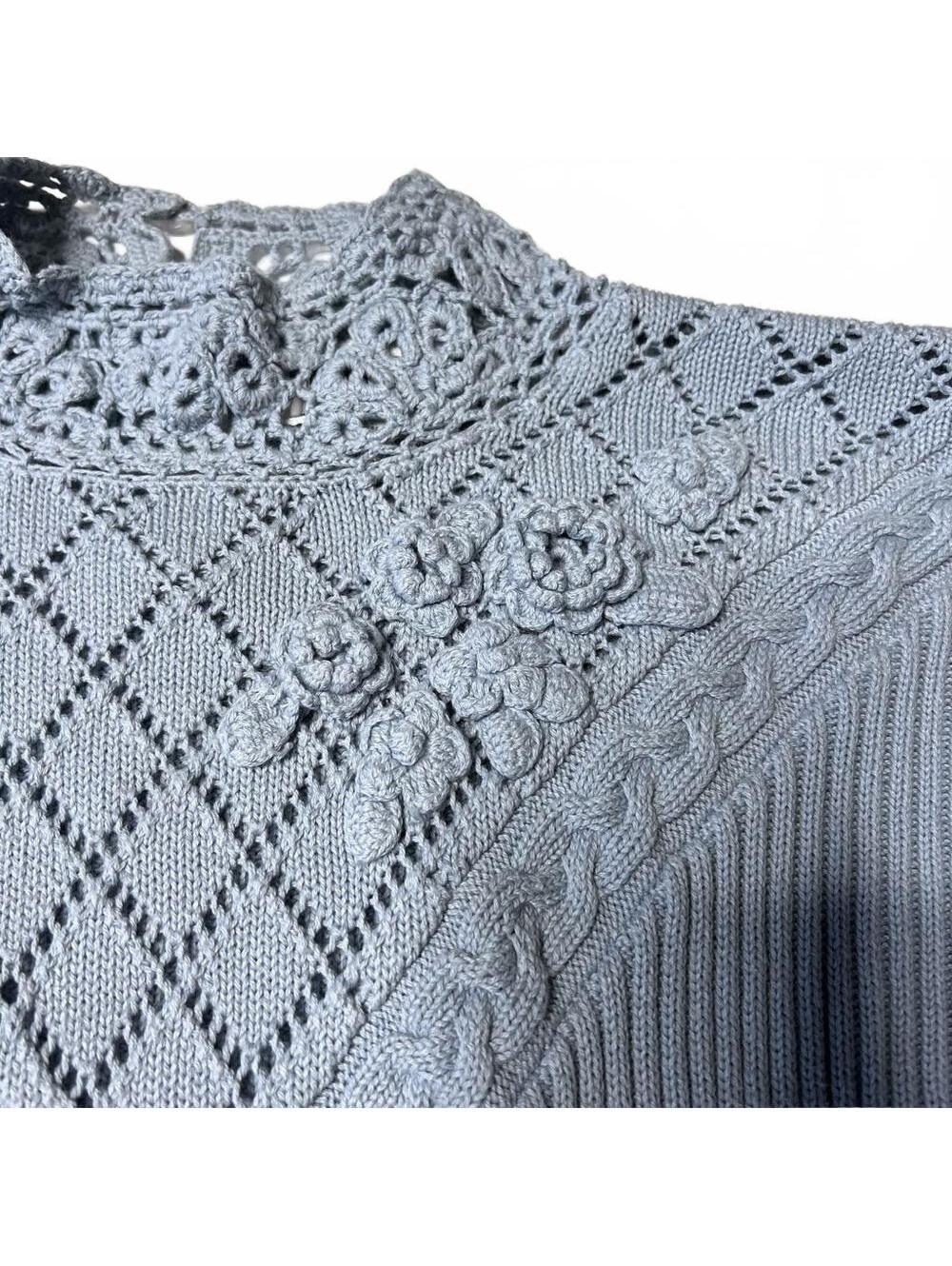 Vintage Ribbed Knit Mock Neck Crochet Sweater Large Pastel Powder Blue